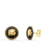 18K PENDIENTES ORO AMARILLO MEDUSA Y BORDE DE GRECA ESMALTE NEGRO, ANCHO: 10 MM, CIERRE PRESION