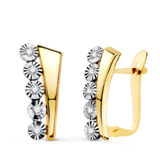 18K PENDIENTES ORO BICOLOR BANDAS Y MOTIVOS REDONDOS TALLADOS, 14 X 6 MM, CIERRE CATALAN