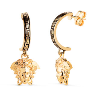 18K AROS ORO AMARILLO MEDIO ARO ESMALTE GRECA 11 X 2 MM Y MEDUSA 9MM, CIERRE PRESION