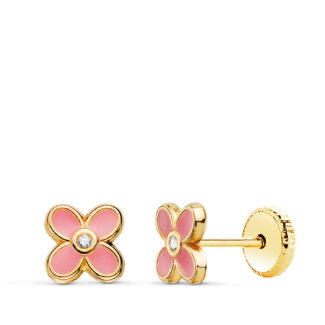 18K PENDIENTES ORO AMARILLO TREBOL ESMALTE ROSA 6X6 MM, CIERRE TUERCA