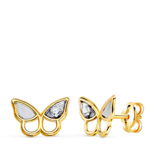 18K PENDIENTES ORO BICOLOR MARIPOSA CON CIRCONITAS, MEDIDA: 8 X 6,5 MM, CIERRE PRESION