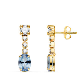 18K PENDIENTES ORO AMARILLO AGUAMARINA EN FORMA OVAL Y CIRCONITAS, 20X5 MM, CIERRE PRESION