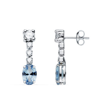 18K PENDIENTES ORO BLANCO AGUAMARINA EN FORMA OVAL Y CIRCONITAS, 20X5 MM, CIERRE PRESION