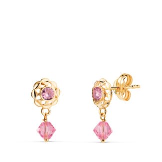 18K PENDIENTES ORO AMARILLO CUBANAS CON CIRCONITAS ROSAS, MEDIDA: 14 X 6,5 MM CIERRE PRESION