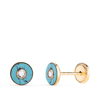 18K PENDIENTES ORO AMARILLO REDONDOS TURQUESA SINTETICA CON CIRCONITA, MEDIDA: 5,5MM, CIERRE TUERCA
