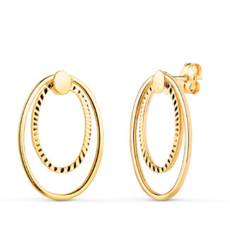 18K PENDIENTES ORO AMARILLO DOBLE ARO OVAL LISO Y TALLADO, MEDIDA: 19X13 MM, CIERRE PRESION