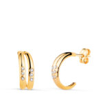 18K PENDIENTES ORO AMARILLO DOBLE ARO BANDAS CON CIRCONITAS, MEDIDA: 13 X 4,5 MM, CIERRE PRESION
