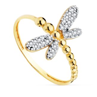 18K SORTIJA ORO BICOLOR CON LILIBELULA CUERPO DE BOLITAS Y ALAS DE CIRCONITAS, ANCHO: 17 MM