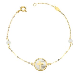 18K PULSERA ORO AMARILLO NACAR CON CRUZ 12 MM Y BOLAS JADE 4 MM CADENA 18 2,5 CM