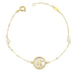 18K PULSERA ORO AMARILLO NACAR CON CRUZ CARAVACA 12 MM Y BOLAS JADE 4 MM CADENA 18 2,5 CM
