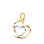 18K COLGANTE ORO BICOLOR DOBLE CORAZON EN BRILLO 14X13 MM