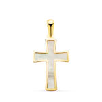 18K CRUZ ORO AMARILLO CON NACAR Y BORDE EN BRILLO, MEDIDA: 20 X 12 MM