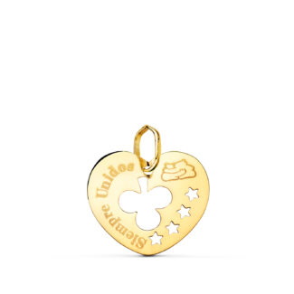 18K COLGANTE ORO AMARILLO CORAZON CALADO SIEMPRE UNIDOS Y TREBOL 16 MM