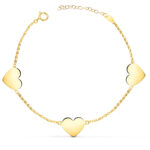 18K PULSERA ORO AMARILLO TRES CORAZONES EN BRILLO 11X10 MM, LARGO: 18 2 CM