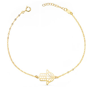 18K PULSERA ORO AMARILLO MANO FATIMA 17X14MM CADENA TALLADA, LARGO: 18 3 CM