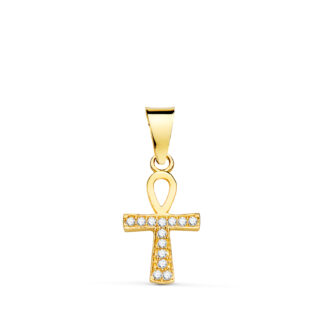18K CRUZ DE LA VIDA ORO AMARILLO CON CIRCONITA BLANCAS, 14 X 8 MM