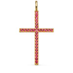 18K CRUZ ORO AMARILLO CON CIRCONITA ROJAS 37 X 19 MM, ANILLA FIJA