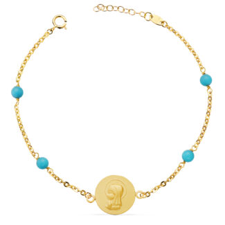 18K PULSERA ORO AMARILLO MEDALLA VIRGEN NIÑA 14 MM Y BOLAS TURQUESAS, LARGO: 19 3 CM