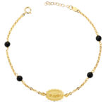 18K PULSERA ORO AMARILLO VIRGEN MILAGROSA 13X9 MM BOLAS NEGRAS, LARGO: 17 3 CM