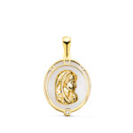 18K MEDALLA ORO AMARILLO VIRGEN NIÑA OVAL CON NACAR BLANCO Y CIRCONITA, MEDIDA: 17X13 MM