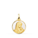 18K MEDALLA ORO AMARILLO VIRGEN MADRE AMOR MATERNAL ESMALTE BLANCO 16 MM