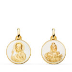 18K ESCAPULARIO ORO AMARILLO CORAZON DE JESUS Y VIRGEN DEL CARMEN ESMALTE BLANCO, 16 MM