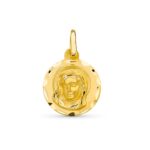 18K MEDALLA ORO AMARILLO VIRGEN NIÑA OVAL CON ARCOS TALLADOS, 16X12 MM