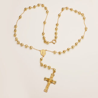 18K ROSARIO ORO AMARILLO CON BOLAS 6 MM, CRUZ 45X27 MM Y MILAGROSA, CADENA 65 CM