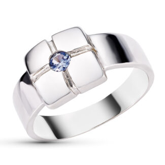 18K SORTIJA ORO BLANCO CON MOTIVO CUADRADO Y CIRCONITA AZUL, ANCHO: 9X9 MM