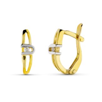 18K PENDIENTES ORO BICOLOR DIAMANTES TALLA BRILLANTE 10X3 MM CIERRE CATALAN