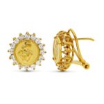 18K PENDIENTES ORO AMARILLO MADRE REDONDOS 15X15 MM CIERRE OMEGA