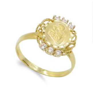 18K SORTIJA ORO AMARILLO CON MONEDA RELIEVE VIRGEN MADRE Y CIRCONITAS, MEDIDA: 14X13 MM