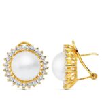 18K PENDIENTES ORO AMARILLO PERLA JAPONESAS 11 MM CIERRE OMEGA