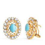 18K PENDIENTES ORO AMARILLO PIEDRA TURQUESA 7X5 MM CON CIRCONITAS, MEDIDA: 19X16 MM, CIERRE OMEGA