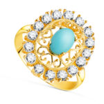 18K SORTIJA ORO AMARILLO CALADA CON PIEDRA TURQUESA 7X5 MM CON CIRCONITAS, MEDIDA: 19X16 MM,