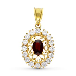 18K COLGANTE ORO AMARILLO FILIGRANA OVAL GRANATE Y CIRCONITAS