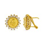 18K PENDIENTES ORO AMARILLO MONEDA MADRE, 14X13 MM CIERRE OMEGA