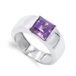 18K SORTIJA ORO BLANCO CON AMATISTA CUADRADA, ANCHO: 8 MM