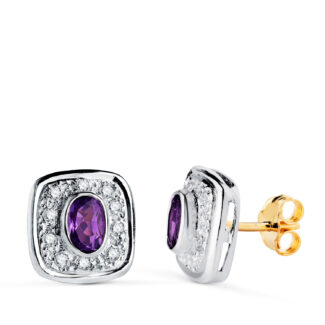 18K PENDIENTES ORO BICOLOR CUADRADOS CON AMATISTA Y CIRCONITAS, 11X11 MM, CIERRE PRESION