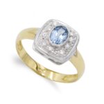 18K SORTIJA ORO BICOLOR AGUAMARINA Y CIRCONITAS, ANCHO: 11X11 MM