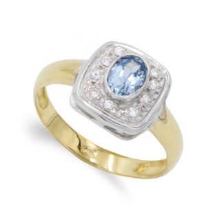 18K SORTIJA ORO BICOLOR AGUAMARINA Y CIRCONITAS, ANCHO: 11X11 MM