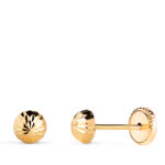 18K PENDIENTES ORO AMARILLO MEDIA BOLA TALLADA HUECA, ANCHO: 5 MM, CIERRE TUERCA