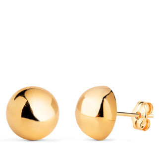 18K PENDIENTES ORO AMARILLO MEDIA BOLA LISA HUECA, ANCHO: 10 MM, CIERRE PRESION