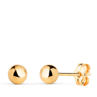18K PENDIENTES ORO AMARILLO BOLA LISA BRILLA HUECA, ANCHO: 5 MM, CIERRE PRESION