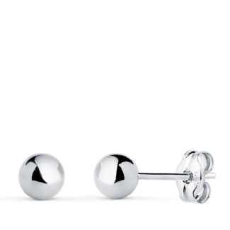 18K PENDIENTES ORO BLANCO BOLA LISA BRILLA HUECA, ANCHO: 5 MM, CIERRE PRESION
