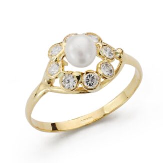 18K SORTIJA ORO AMARILLO PERLA 4MM CON CIRCONITAS, ANCHO: 10 MM