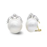 18K PENDIENTES ORO BICOLOR PERLA JAPONESA 14-16 MM Y CIRCONITA CIERRE OMEGA