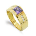 18K SORTIJA ORO AMARILLO MACIZA CIRCONITA AMATISTA CUADRADA 5 X 5 MM, ANCHO: 7 MM