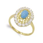 18K SORTIJA ORO AMARILLO ROSETON FILIGRANA CON TURQUESA 7X5MM, MEDIDA: 18X14 MM