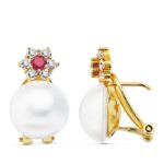 18K PENDIENTES ORO AMARILLO PERLA JAPONESA 21X13 MM CIERRE OMEGA